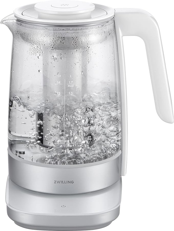 ZWILLING Enfinigy Glass Kettle 1.7L, Tea Kettle, 6 Preset Temps for the Perfect Cup, Tea Timer, Silver