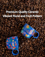 Load image into Gallery viewer, Ceramic Espresso Cups Set of 2 – Mini 3 oz Double Espresso Coffee Cups with Cute Q Handle, Floral and fruit Patterns, Small Blue Demitasse Shot Cups for Coffee Machine