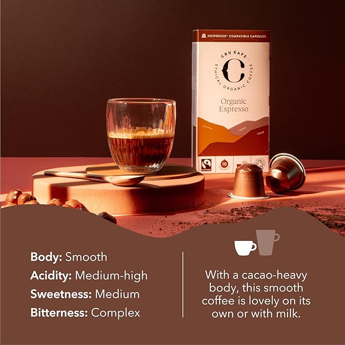 Cru Kafe Strong Espresso USDA Organic Espresso Coffee Capsules (50 Pods) Fairtrade Coffee Pods Compatible with Nespresso Original Line and Pixie Machines