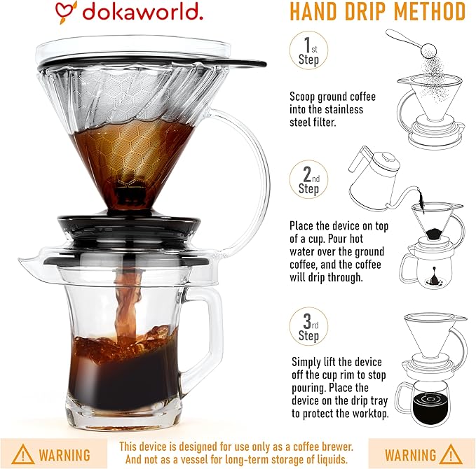 Pour Over Coffee Maker – Borosilicate Glass Dripper with Stainless Steel Reusable Filter, Manual Eco Brewer, Plastic-Free Non-Toxic Coffee Station, Innovation Infuser for Daily Brewing