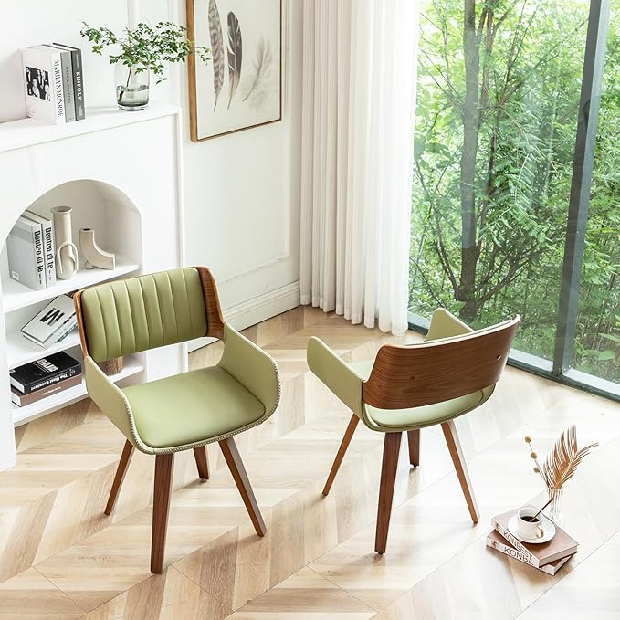 LUNLING Swivel Accent Faux Leather Dining Chairs, Mid Century Modern Chairs with Wooden Legs/Armrest/Upholstered Seat/Adjustable Foots for Kitchen Dining Room Desk Chairs,Green,1PCS