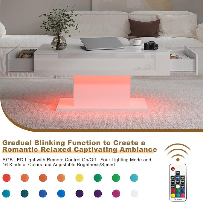White Led Coffee Table with 2 Storage Drawers for Living Room, Living Room Table Rectangular Center Table, Modern High Glossy Wooden Coffee Tables with Lights for Dining Reception Room