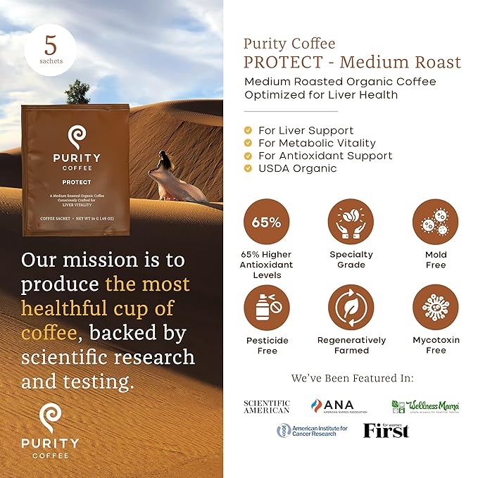 Purity Coffee PROTECT Highest Antioxidant Light-Medium Roast - USDA Certified Organic Specialty Grade Arabica Single-Serve Packets - Third Party Tested for Mold, Mycotoxins, Pesticides - 5 ct Box