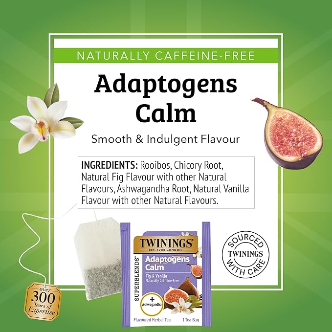 Twinings Superblends Adaptogens Calm with Ashwagandha Fig & Vanilla Flavoured Herbal Tea Caffeine-Free, 18 Tea Bags (Pack of 2), Enjoy Hot or Iced