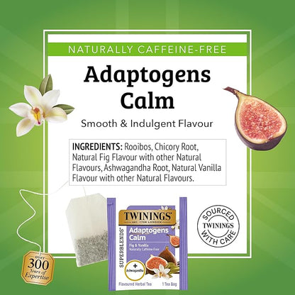 Twinings Superblends Adaptogens Calm with Ashwagandha Fig & Vanilla Flavoured Herbal Tea Caffeine-Free, 18 Tea Bags (Pack of 2), Enjoy Hot or Iced
