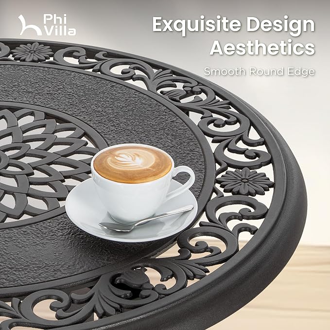 PHI VILLA Patio Furniture Set, Brown 3Pcs Cast Aluminum High Top Table and Swivel Bar Stools with Cushion, Pub Bistro Set for Outdoor