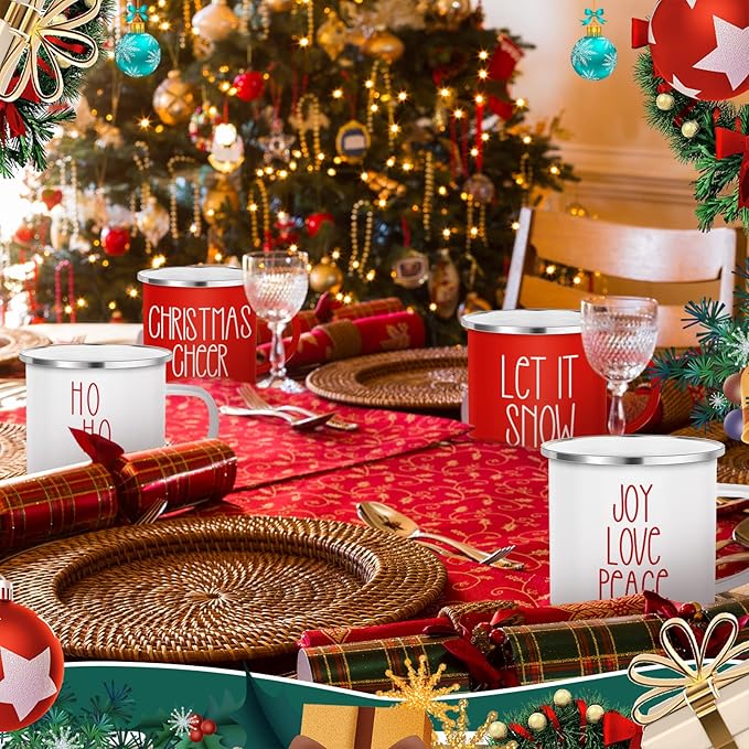 Sieral 9 Pcs Christmas Enamel Coffee Mugs 12 oz Winter Holiday Mugs with Quotes Seasonal White and Red Christmas Party Favor Cups Funny Novelty Xmas Coffee Cups for Women Men Coworkers Office