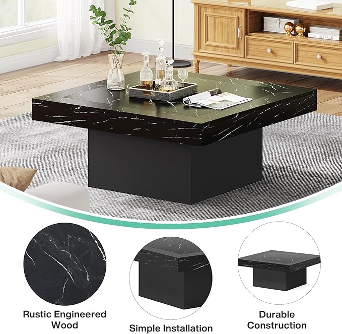 Tribesigns LED Coffee Table Square Engineered Wood Low Coffee Table for Living Room (Faux Marble Black+Black)