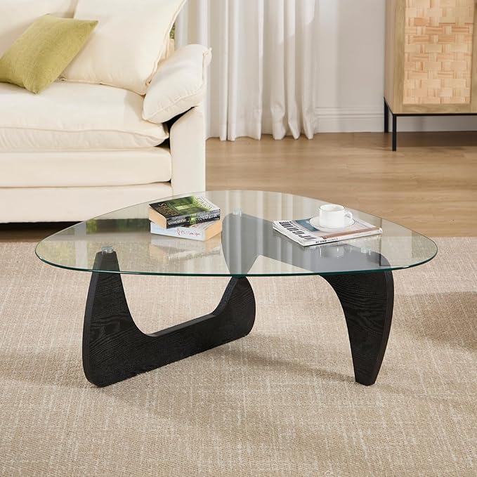 Modern Noguchi Coffee Table, Triangle Coffee Table with Tempered Glass Modern Vintage Glass Tea Table Wood Glass Accent Center Table for Living Room, 44.5”x32”x16.5”, Black Transparent
