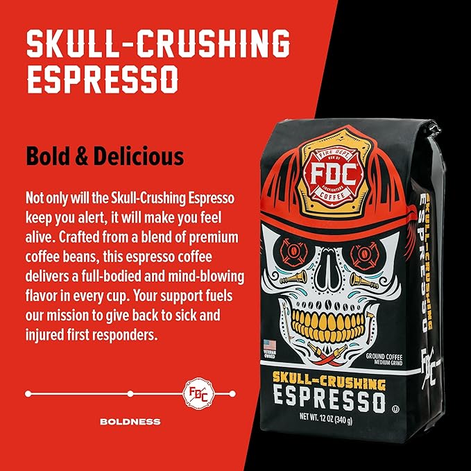 Fire Department Coffee - Gives Back to Firefighters - Full-Bodied & Bold Skull Crushing Espresso Ground Coffee - Roasted in the USA - Veteran Owned - 12 oz