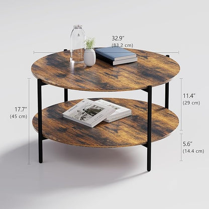Round Coffee Table, 2-Tier 32.9" Circle Coffee Tables with Storage Wood Rustic Farmhouse Center Circular Coffee Table for Living Room Bedroom Balcony Office - Walnut