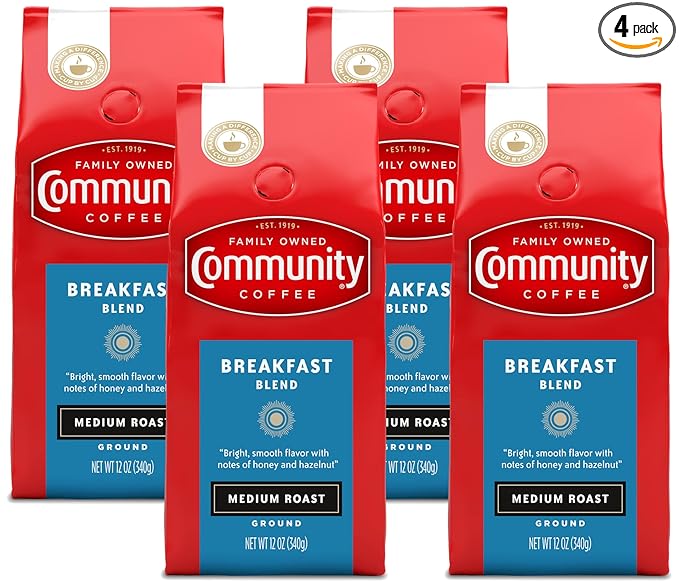 Community Coffee Breakfast Blend 12 Ounces, Medium Roast Ground Coffee, 12 Ounce Bag (Pack of 4)