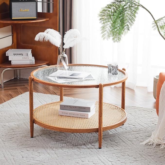 VINGLI 30" Rattan Coffee Table, Round Water-Wave Glass Metal Center Table, Modern Coffee Table with 2-Tier Storage, Farmhouse Circular Coffee Tables for Living Room and Small Space, Natural Vibe