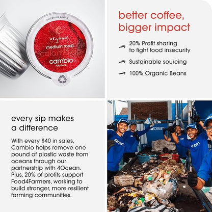 Cambio Roasters Colombian Organic Coffee K Cups for Keurig, Medium Roast Coffee K-Cup, Only Aluminum Keurig K Cups with Organic Beans, More Flavor & Longer Lasting Freshness, Medium Roast, 10 count