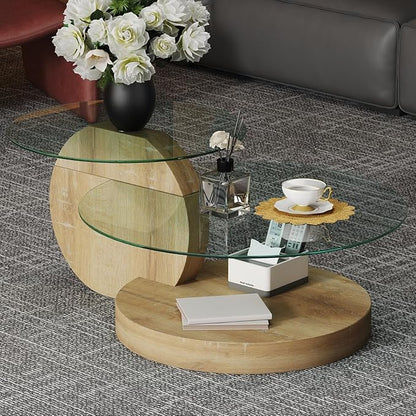 42 Inch Glass Coffee Table，Round Coffee Table with 2-Tier Tempered Glass Tabletop，Easy to Clean Circle Coffee Table with Sturdy Base for Living Room，Office (Natural Wood-Colored Base)