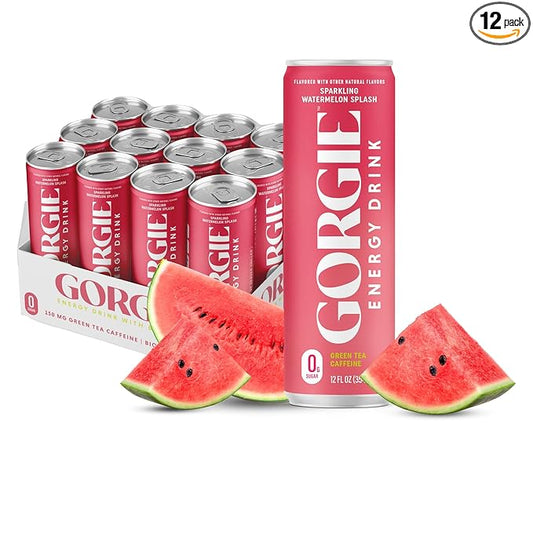 GORGIE Sugar Free Natural Energy Drinks, Sparkling Watermelon Crush (12 Pack) - Healthy Energy Drink - Natural Coffee Replacement with Green Tea Caffeine and Biotin, 150mg Caffeine, Vegan, Low Calorie
