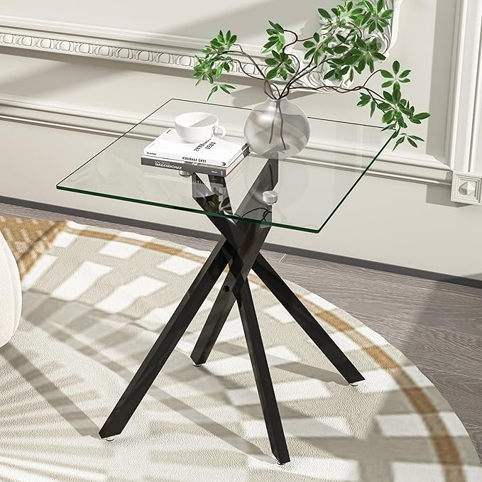 Black Glass Coffee Table Set of 3 Modern End Table Living Room Side Table, Geometric Metal Legs 39.4 Inch Clear Rectangle Center Cocktail Tables, Black