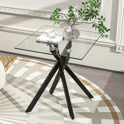 Black Glass Coffee Table Set of 3 Modern End Table Living Room Side Table, Geometric Metal Legs 39.4 Inch Clear Rectangle Center Cocktail Tables, Black