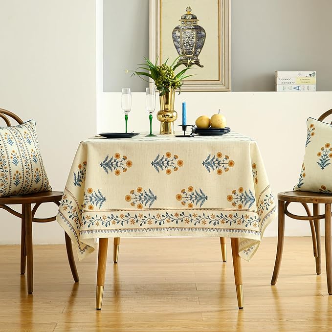 Designer French Pale Yellow Rectangular Tablecloth,Linen Floral Table Cloth,Wrinkle Resistant Decor Tablecloths for Dining Thanksgiving Banquet Kitchen Party,55"*87"-Estevan A