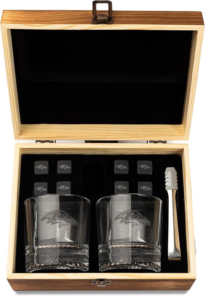 The Memory Company Officially Licensed NFL Wood Boxed Drinkware Set, with 2 Rocks Glasses and Cooling Cubes, Baltimore Ravens