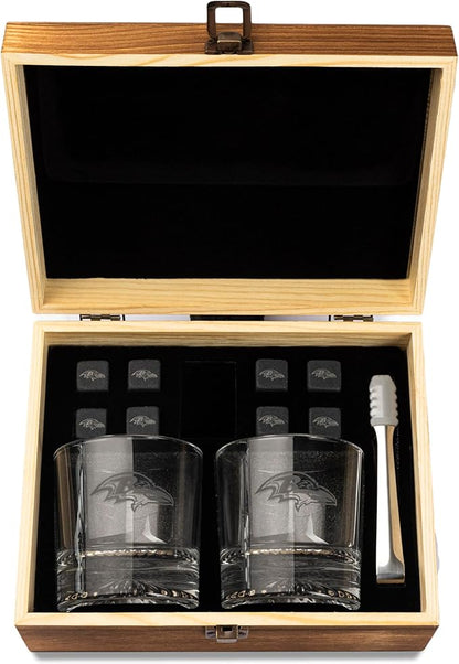 The Memory Company Officially Licensed NFL Wood Boxed Drinkware Set, with 2 Rocks Glasses and Cooling Cubes, Baltimore Ravens