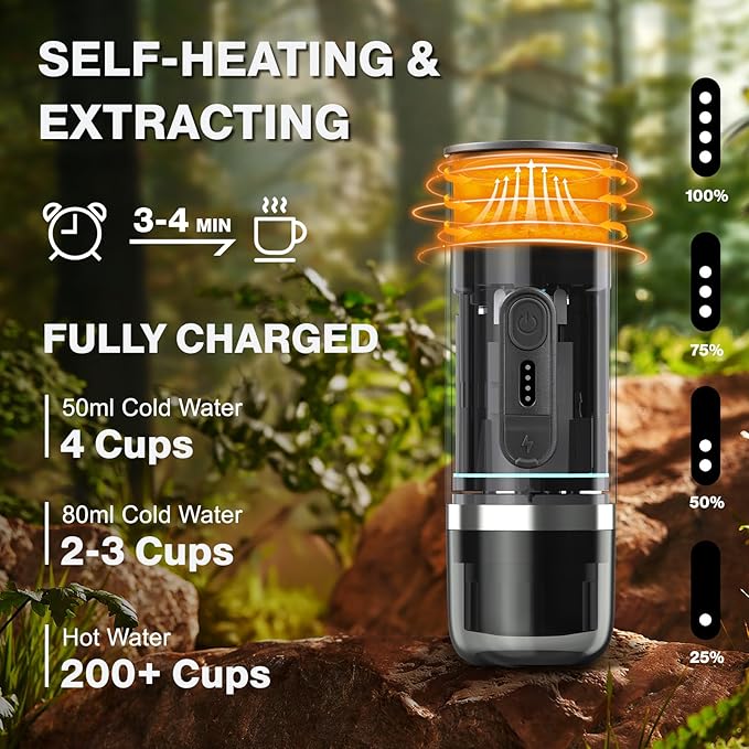 Portable Espresso Maker, Wireless Self-heating, Travel Coffee Maker, 80ml Water Tank, Ground Coffee Compatible with Nespresso & Dolce Gusto for Travel, Camping, Hiking, Office (Grey)