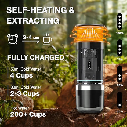 Portable Espresso Maker, Wireless Self-heating, Travel Coffee Maker, 80ml Water Tank, Ground Coffee Compatible with Nespresso & Dolce Gusto for Travel, Camping, Hiking, Office (Grey)