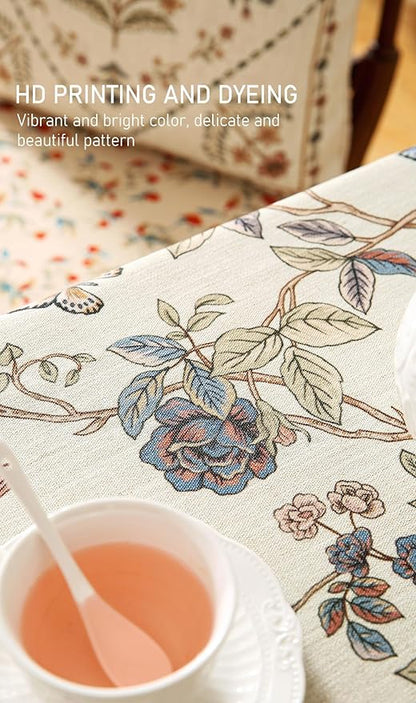 Designer French Light Beige Small Square Tablecloth,Linen Florals and Birds Pattern Table Cloth,Anti-Wrinkle Decorative Tablecloths for Dining Thanksgiving Kitchen,55"*55"-Cornucopia