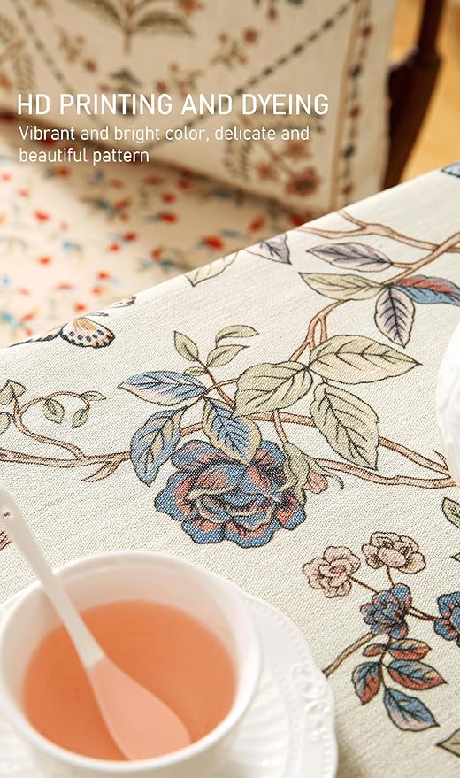 Designer French Light Beige Tablecloth Rectangular,Linen Florals and Birds Pattern Table Cloth,Anti-Wrinkle Decorative Tablecloths for Dining Thanksgiving Kitchen,55"*87"-Cornucopia