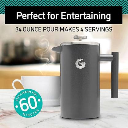 Coffee Gator French Press Coffee Maker 34oz, Double Insulated Stainless Steel Brewer plus Travel Jar Canister, Portable Hot Cold Brew Tea Cafetera for Coffee Bar Accessories Kitchen Camping, Black