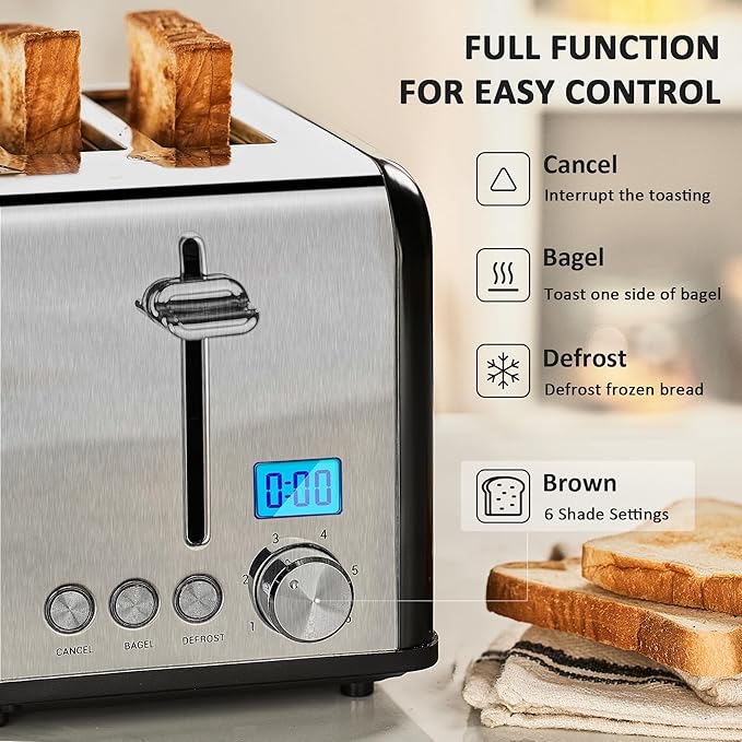 Roter Mond Countdown Stainless Steel 4 Slice Toaster with Bagel, Defrost, Cancel Function, Dual Toaster, Extra Wide Slots, 6 Shade Settings, Removable Crumb Trays, 1650W, Black