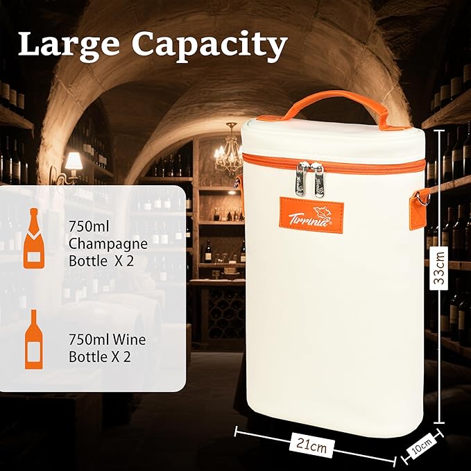 Tirrinia 2 Bottle Wine Gift Tote Carrier - Leakproof & Insulated Padded Versatile Wine Cooler Bag for Travel, BYOB Restaurant, Wine Tasting, Party, Dinner, Gift for Wine Lovers, White Orange