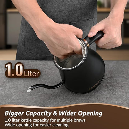 Electric Gooseneck Kettle, 1200W, 6 Temperature Settings, Stainless Steel Inner Lid & Bottom, 1L Quick Heating Pour Over Kettle for Coffee & Tea, Matte Black