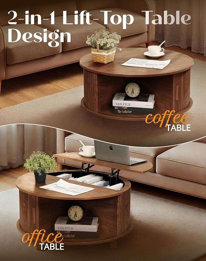 Round Lift Top Coffee Table with Storage, Mid Century Modern Center Table with 180° Sliding Tambour Door, Small Circle Wood Fluted Dining Table for Living Room, Walnut