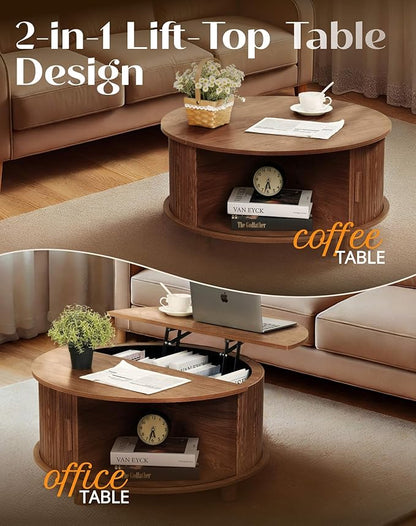 Round Lift Top Coffee Table with Storage, Mid Century Modern Center Table with 180° Sliding Tambour Door, Small Circle Wood Fluted Dining Table for Living Room, Walnut