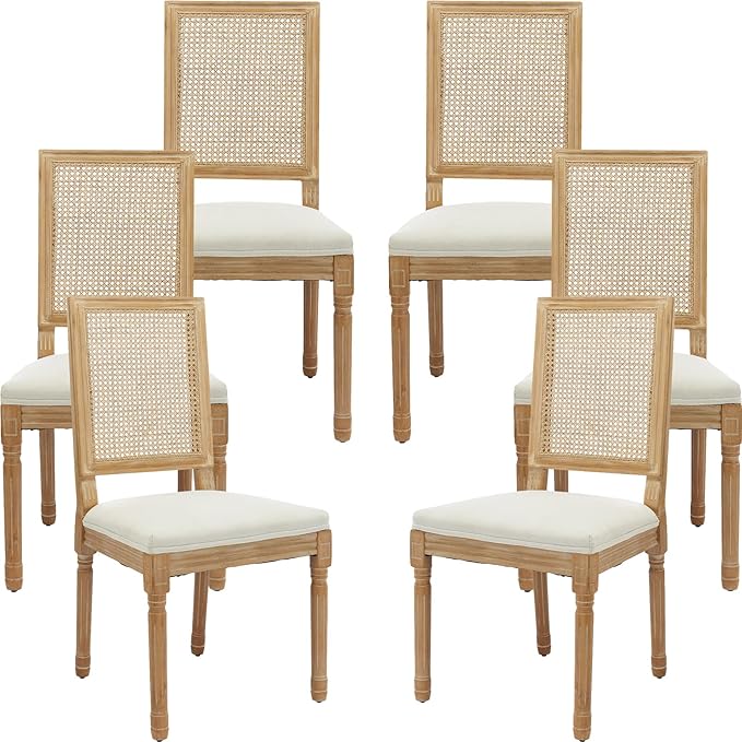 French Country Dining Chairs Set of 6, Beige Modern Kitchen & Dining Room Chairs, Rattan Dining Chair with Linen Upholstered Cushion, High Cane Back, Wood Legs, Sillas de Comedor (Beige, 6 Pcs)