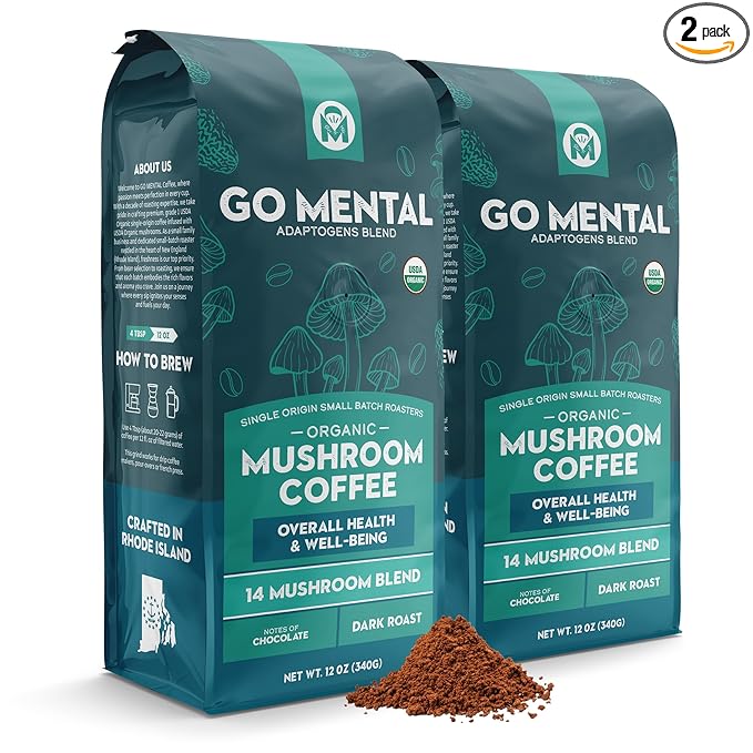 Organic 14 Mushroom Coffee Blend Dark Roast, Organic Lion's Mane, Chaga, Red Reishi and more, Chocolate Notes, Enhances Overall Health, Immune Support And Wellbeing, Ground 12 oz Bag (2 Pack)
