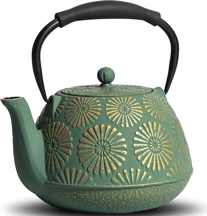 Cast Iron Teapot, 40oz Tea Kettle with Infuser for Stove Top, Sakura Design Japanese Tea Pot for Tea&Coffee Coated with Enameled Interior, Silicone Handle 1200ml Green