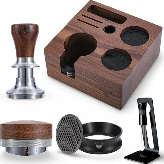 58mm Espresso Machine Accessories Kit Includes Coffee Tamper, Distribution Tool, Tamping Box, Puck Screen, Portafilter Funnel for Perfect Espresso Shots