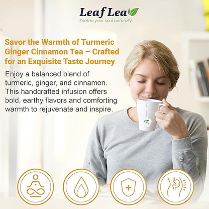 LeafLea 240 Turmeric Ginger Tea Bags, 100% Natural Herbal Blend with Cinnamon, Supports Digestion and Immune Health, Warm and Spicy Flavor, Sugar-Free, Caffeine-Free, Non-GMO, Pack of 6