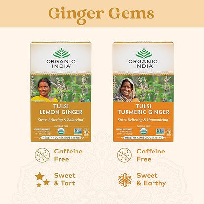 ORGANIC INDIA Tulsi Lemon Ginger Tea Bags - Herbal Tea, Stress Relieving & Reviving, Immune Support, Aids Digestion, Vegan, USDA Certified Organic, Non-GMO, Caffeine-Free - 18 Infusion Bags, 3 Pack