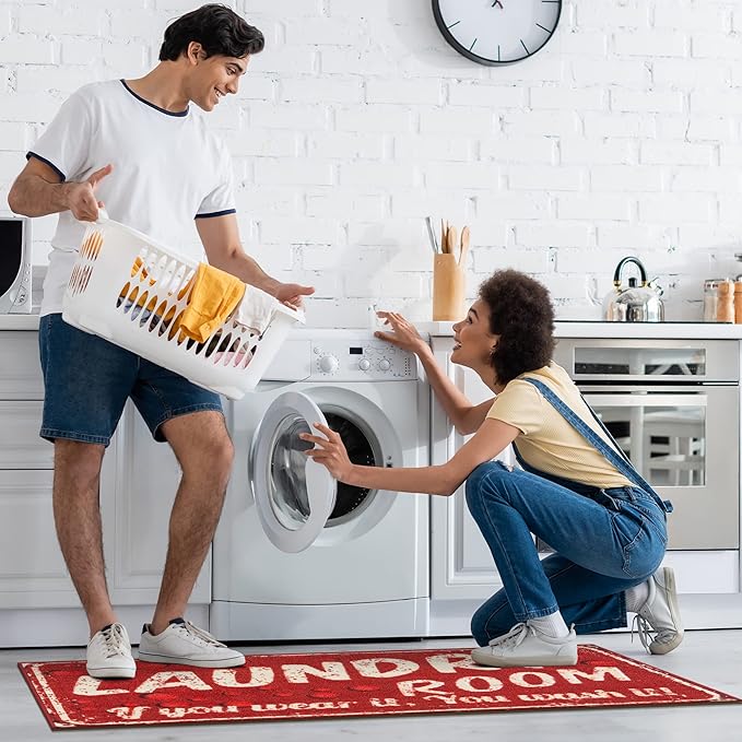 Ottomanson 20" x 59" Laundry Room Rug - Non-Slip Mat for Laundry & Mudroom - Durable, Stain-Resistant, and Easy to Clean - Perfect for High-Traffic Areas - Runner Rug for Entryway Bathroom, Red
