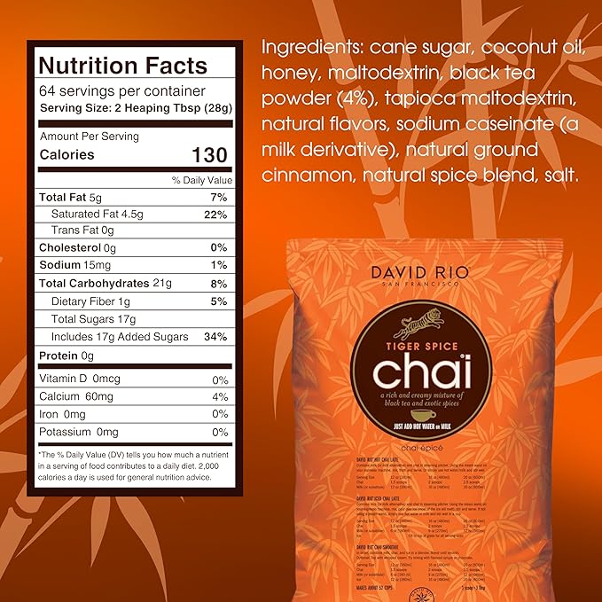 Tiger Spice Chai Tea Latte Mix, 64 Oz, Black Tea, Organic Spices, Dairy Free, Serve Hot or Cold, Just Add Water or Milk, 64 Servings, Perfect for Food Service