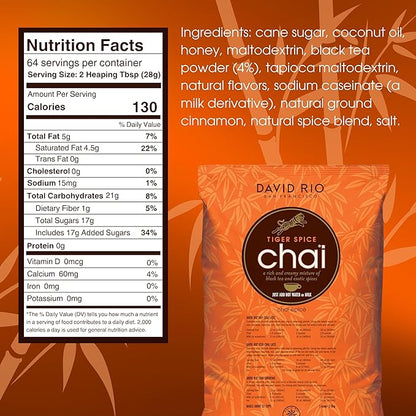 Tiger Spice Chai Tea Latte Mix, 64 Oz, Black Tea, Organic Spices, Dairy Free, Serve Hot or Cold, Just Add Water or Milk, 64 Servings, Perfect for Food Service
