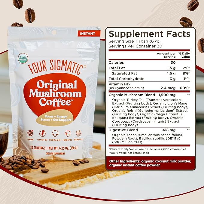 Four Sigmatic Original Mushroom Coffee | High Dose Lion's Mane, Chaga, Turkey Tail, Cordyceps and Reishi | Energy, Focus & Immune Support | 30 Servings