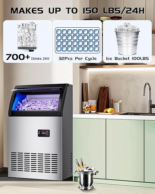 Commercial Spray Drench Ice Maker Machine 150 Lbs/Day, Undercounter Ice Makers 100Lbs Storage Bin and 32 Ice Trays, Under Counter ice Maker for Home, Bar, Party