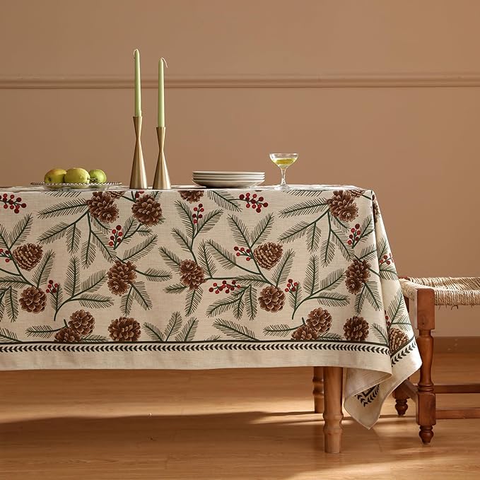 Designer Christmas Beige Linen Rectangular Tablecloth,Pinecones Pattern Indoor Tablecloths,Washable Decor Table Cloth for Dining Thanksgiving Kitchen Christmas,55"*87"-Carol B