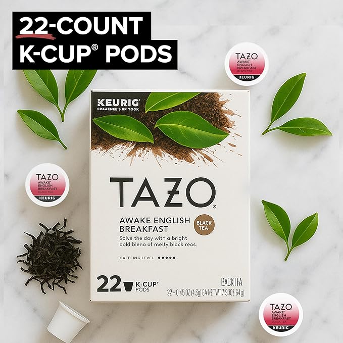 TAZO Awake English Breakfast Tea K-Cups, Bold Traditional Breakfast-Style Black Tea for Health and Wellness, 22 Pods