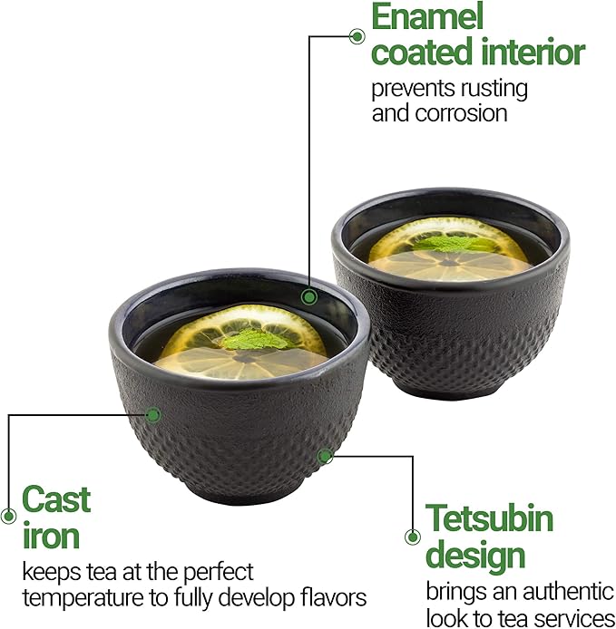 Restaurantware-Tetsubin 5 Ounce Cast Iron Tea Cups, Set Of 2 Hobnail Black Cups - Enamel Coated Interior, Durable, Black Cast Iron Asian Tea Cup, For Homes or Restaurants, Corrosion-Resistant