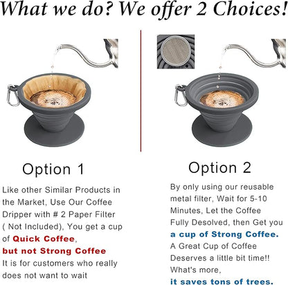 Collapsible Coffee Dripper Pour Over Coffee Filter, Silicone Reusable Coffee Maker,Paperless Coffee Brew Maker,Dishwasher Safe,Carabineer for Hiking, Backpacking,Camping,Home,Office(Grey)